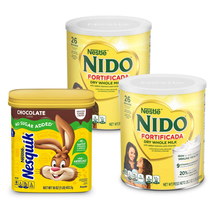 Bundle of 2 Nido Fortificada Dry Whole Milk 1.76 Pound + 1 NESTLE NESQUIK No Sugar Added Chocolate Flavored Powder 16 oz. Canister