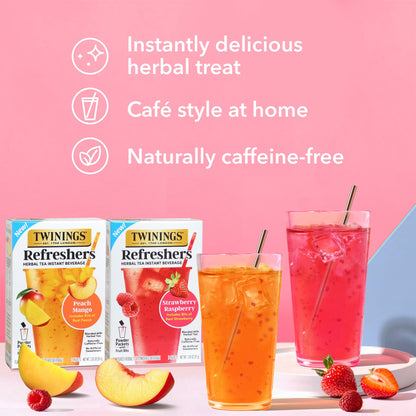 NEW Twinings Strawberry Raspberry Refreshers, Herbal Tea Instant Beverage with Real Strawberry Fruit Bits, 5 Count (Pack of 1), Café Style, No Artificial Sweeteners, Naturally Caffeine-Free, 5 Packets