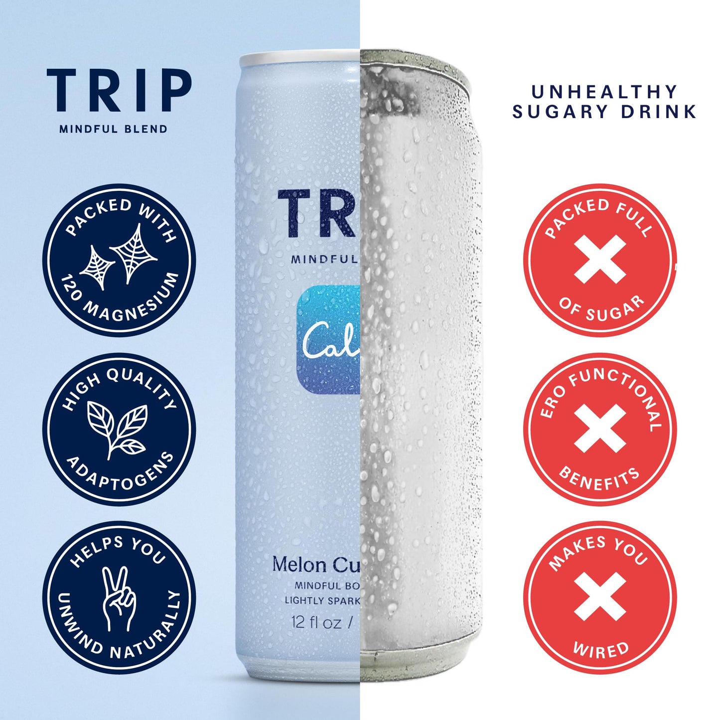 TRIP Lightly Sparkling Adaptogen Drink, Non Alcoholic Drink with Magnesium, Ashwagandha, Lions Mane & L Theanine, No Added Sugar Mocktail, Vegan, Melon Cucumber, 12 Oz, 12Pk