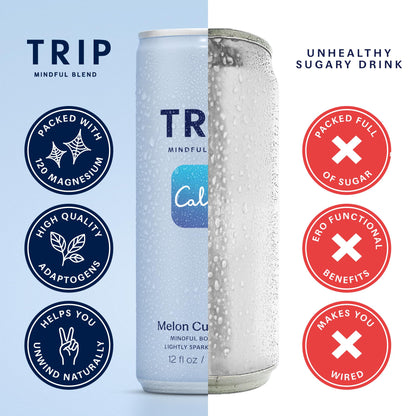 TRIP Lightly Sparkling Adaptogen Drink, Non Alcoholic Drink with Magnesium, Ashwagandha, Lions Mane & L Theanine, No Added Sugar Mocktail, Vegan, Melon Cucumber, 12 Oz, 12Pk