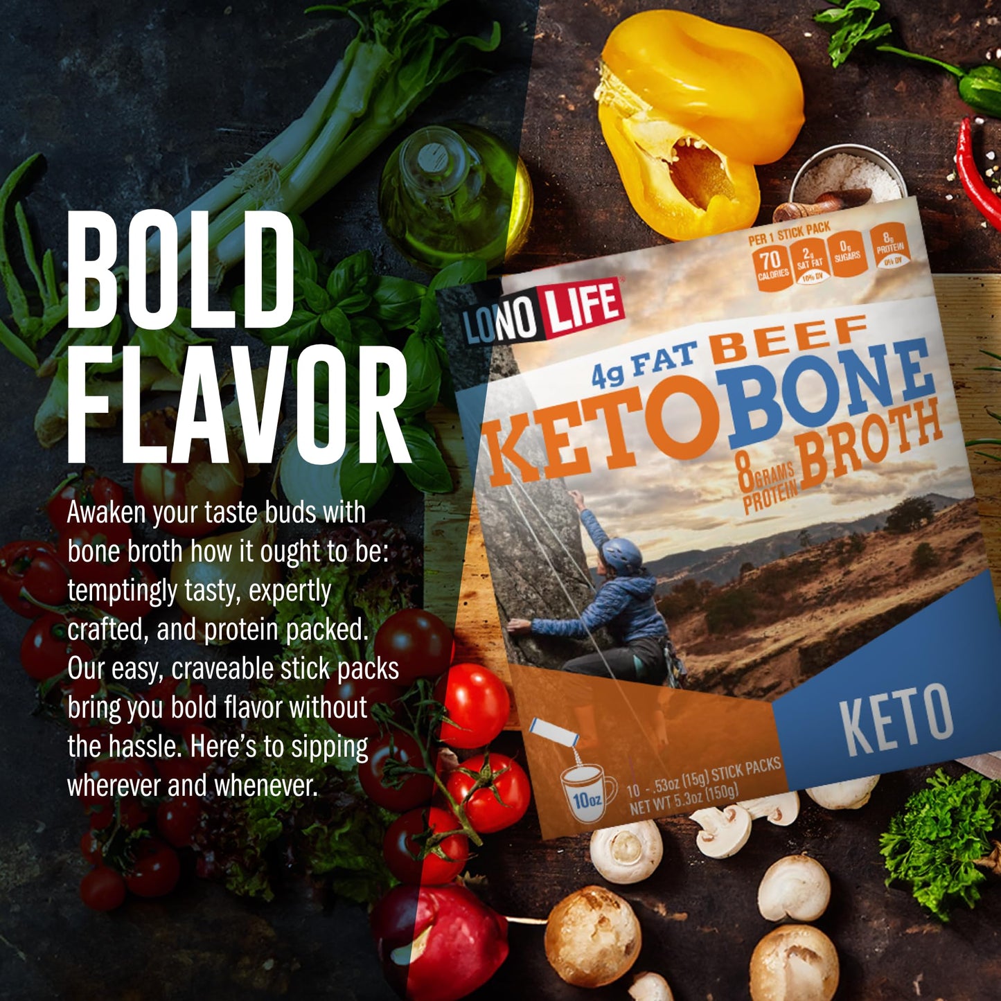 LonoLife Keto Beef Bone Broth Powder Mix | Grass-Fed, 10g Protein | Collagen-Rich, Keto & Paleo Friendly | Natural Ingredients | 10 Portable Stick Pack Servings