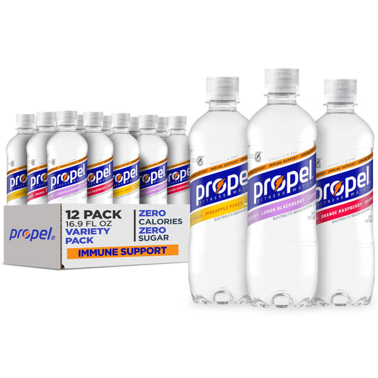 Propel Immune Support with Vitamin C + Zinc, 3 Flavor Variety Pack, 16 Fl Oz (Pack of 12)