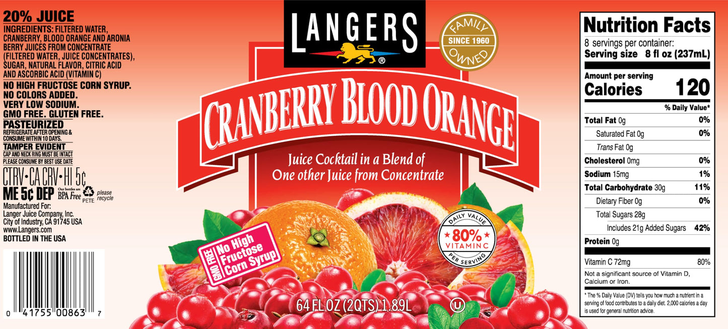 Langers Cranberry Variety Pack, Cranberry Cocktail, Raspberry, Passionfruit, Blood Orange, 64 fl oz (Pack of 4)