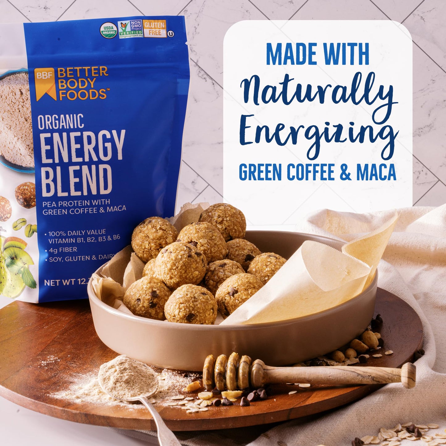 BetterBody Foods Organic Energy Blend, Plant-Based Protein Blend made with Naturally Energizing Green Coffee Extract and Maca, Gluten-free, Non-GMO, 12.7 Ounces