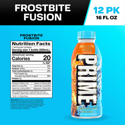PRIME Hydration FROSTBITE FUSION, Sports Drinks with Coconut Water, Electrolyte Enhanced to Replenish Fluids, Zero Added Sugar, B Vitamins, Antioxidants, Made with Natural Flavors, 16.9 Fl Oz 12 Pack