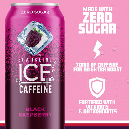 Sparkling Ice Black Raspberry Variety Pack with Caffeine, Zero Sugar Flavored Sparkling Water with Antioxidants, Vitamins, and Zero Calories (16 fl oz Cans, 12 count)