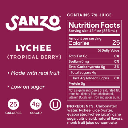 Sanzo Flavored Sparkling Water - Tropical Berry Seltzer (Lychee) - Low Calorie Low Sugar - Craft Asian Drinks - Vegan Gluten Free Carbonated Flavored Water - Fizzy Healthy Drinks - 12oz, 6 Pack