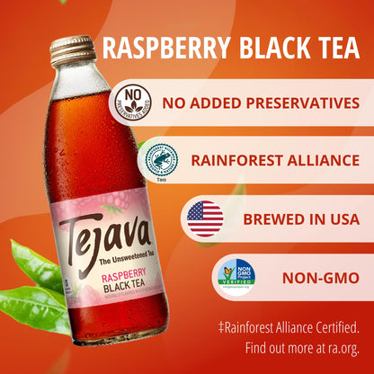 Tejava Raspberry Black Iced Tea, 4 Pack, 12oz Glass Bottles, Unsweetened, Non-GMO, Kosher, No Sugar or Sweeteners, No calories, No Preservatives, Brewed in Small Batches