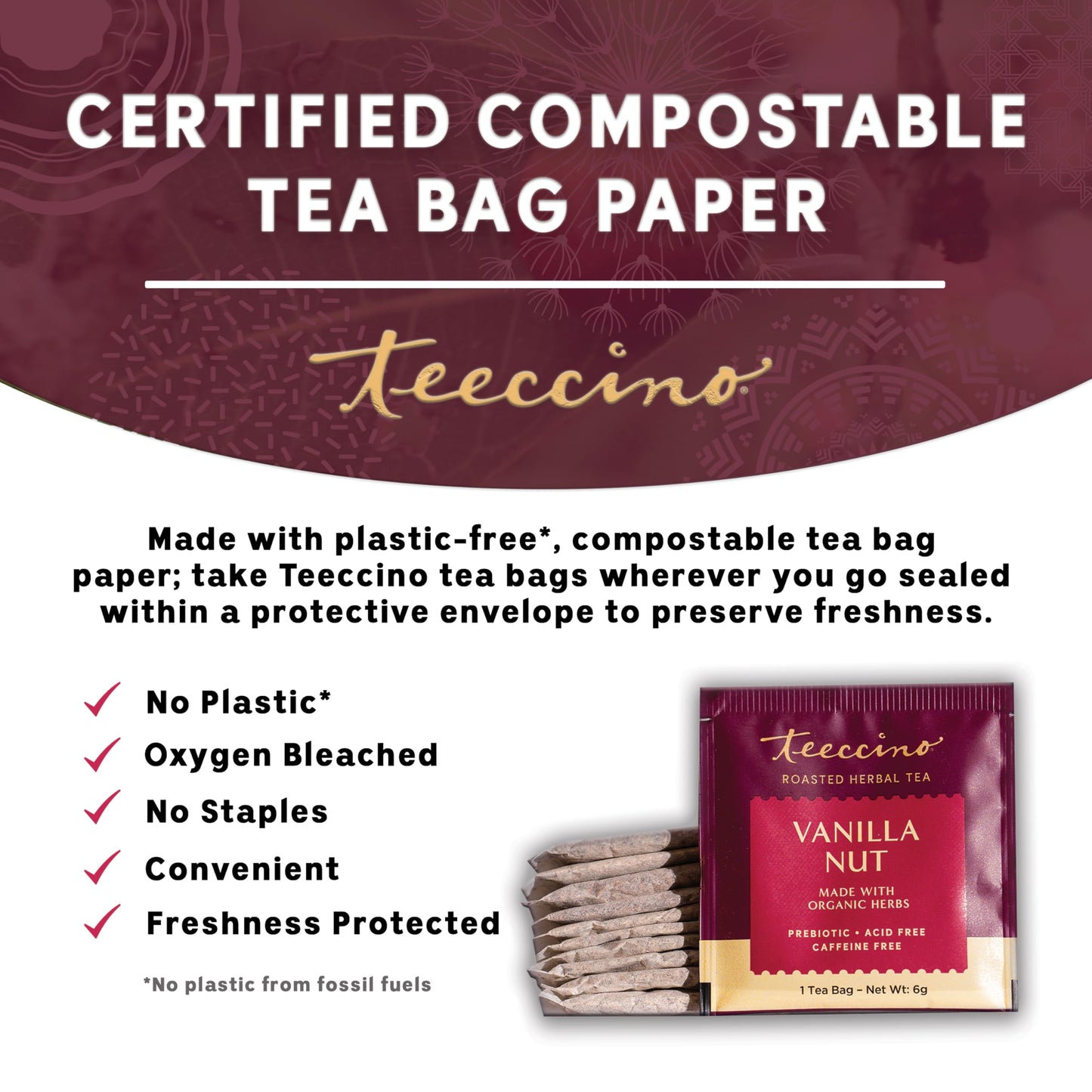 Teeccino Vanilla Nut Herbal Tea - Rich & Roasted Herbal Tea That’s Caffeine Free & Prebiotic For Natural Energy, 10 Tea Bags