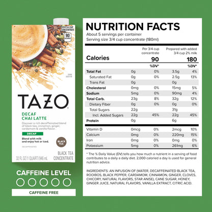 TAZO Decaf Chai Latte, Black Tea Concentrate, Easy-to-Serve Chai Tea for Everyday Lattes, Hot or Iced Tea and Mocktails, 32 oz Tea Mix Carton