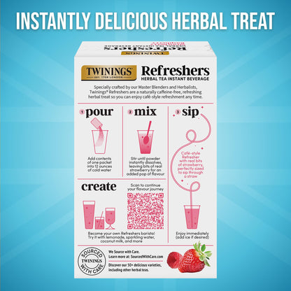 NEW Twinings Strawberry Raspberry Refreshers, Herbal Tea Instant Beverage with Real Strawberry Fruit Bits, 5 Count (Pack of 1), Café Style, No Artificial Sweeteners, Naturally Caffeine-Free, 5 Packets