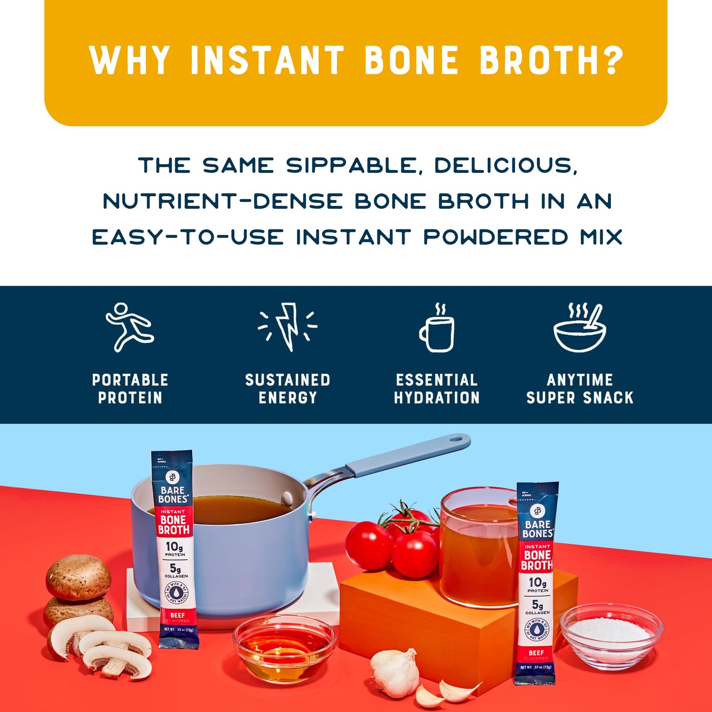 Bare Bones Bone Broth Instant Powdered Mix, Variety Pack, 8 Chicken and 8 Beef, 15g Sticks, 10g Protein, Keto & Paleo Friendly Bone Broth Packets, 16 Total Servings