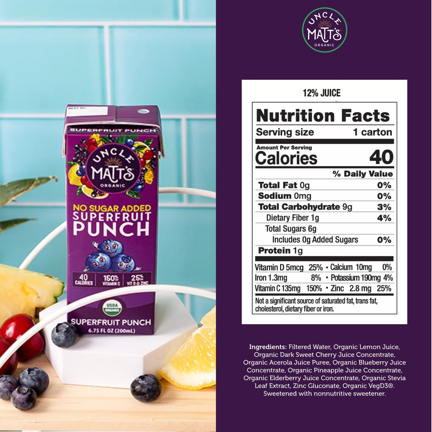 Uncle Matt’s Organic Juice Boxes – 32 pack, No Added Cane Sugar Superfruit Punch, USDA Organic, Only 40 Calories, with Vitamin C, D, & Zinc, Kid-Friendly Juice Drinks