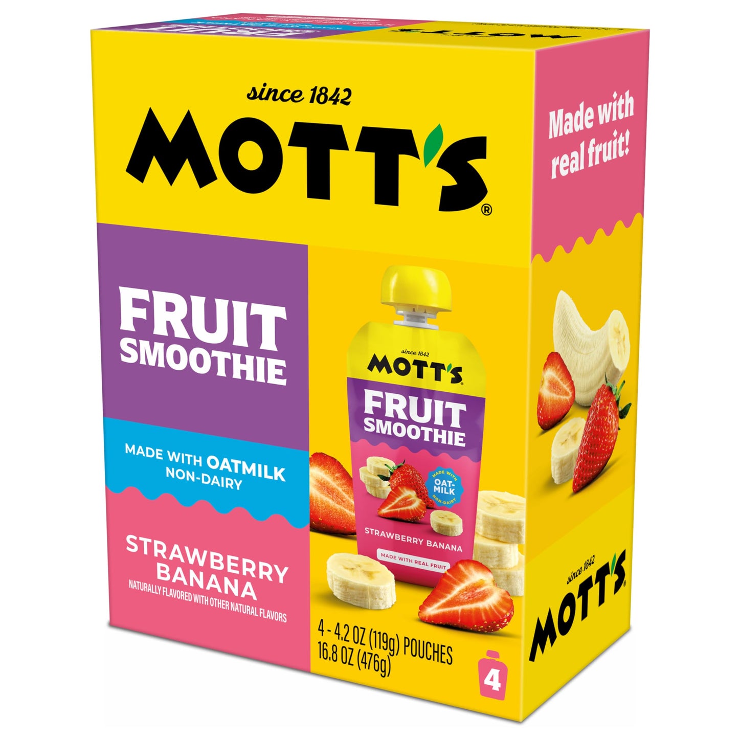 Mott’s Fruit Smoothies Strawberry Banana, 4.2 oz clear pouches, 4 Pack, Non-dairy, Made With Oatmilk, Made With Real Fruit, Good Source of Calcium, On-the-Go