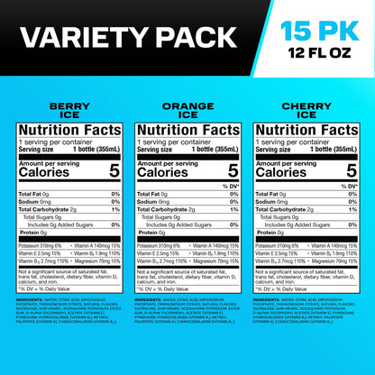 PRIME ZERO Variety Berry Ice, Cherry Ice, & Orange Ice Sugar Free Sports Drinks, Electrolyte Enhanced to Replenish Fluids, B Vitamins, Antioxidants, Low Calorie, Natural Flavors, 12 Fl Oz, 15 Pack