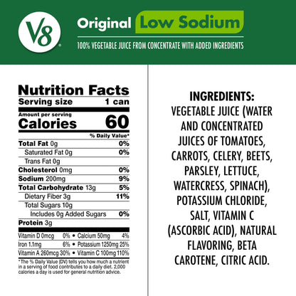 V8 Low Sodium Original 100% Vegetable Juice, 11.5 fl oz Can