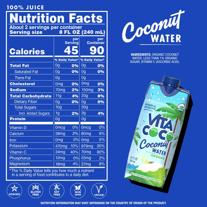 Vita Coco Coconut Water, Pure Organic | Refreshing Coconut Taste | Natural Electrolytes | Vital Nutrients | 16.9 Oz (Pack Of 12)