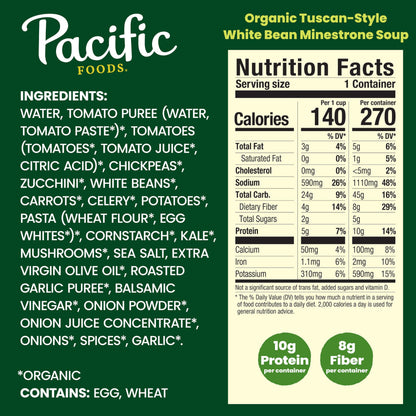 Pacific Foods Organic Tuscan-Style White Bean Minestrone Soup, 16.3 oz Can