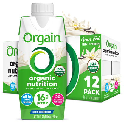 Orgain Organic Nutritional Shake, Vanilla Bean - Meal Replacement, 16g Protein, 20 Vitamins & Minerals, Gluten Free, Soy Free, Kosher, Non-GMO, 11 Ounce, 12 Count (Packaging May Vary)