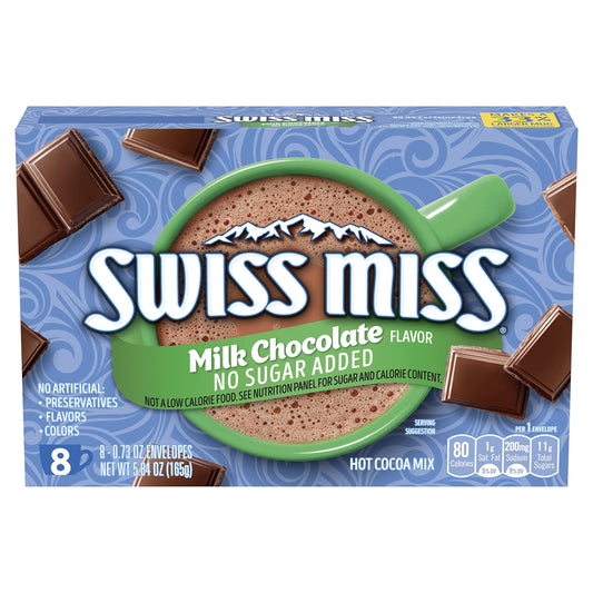 Swiss Miss Milk Chocolate Flavored No Sugar Added Hot Cocoa Mix, Hot Cocoa Bar Supplies, Powder, 0.73 oz., 8-Count Envelopes (12 Boxes)