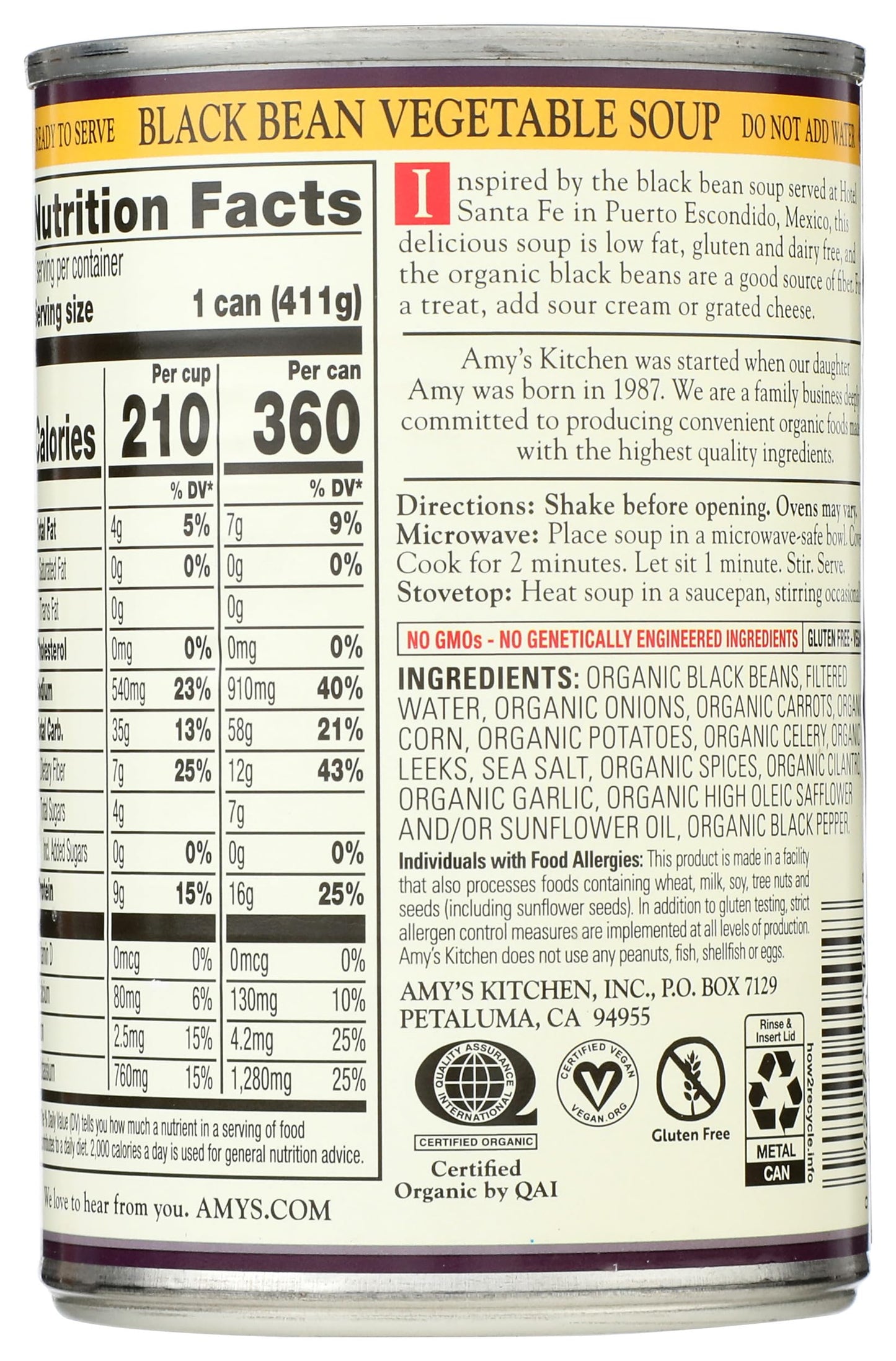 Amy's Organic Black Bean Vegetable Soup, 14.5 Ounce