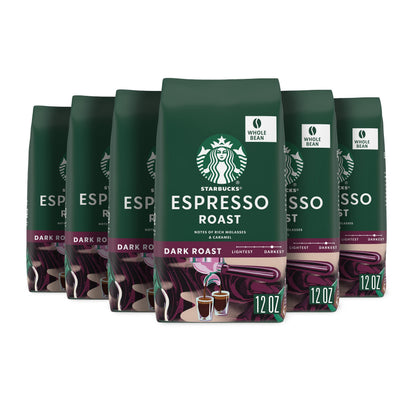Starbucks Whole Coffee Beans, Dark Roast Hot or Iced Coffee, Espresso Roast, Six 12 oz Bags