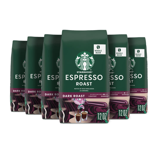 Starbucks Whole Coffee Beans, Dark Roast Hot or Iced Coffee, Espresso Roast, Six 12 oz Bags