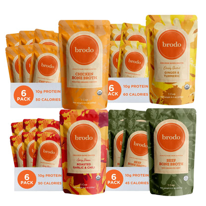 Brodo Beef & Chicken Bone Broth Variety Bundle, 4 Flavors, 6 Cups Each (24 Cups Total)