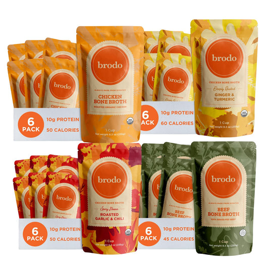 Brodo Beef & Chicken Bone Broth Variety Bundle, 4 Flavors, 6 Cups Each (24 Cups Total)