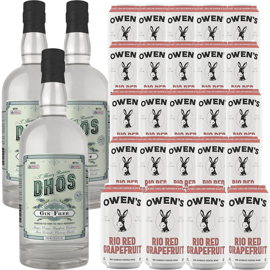 Dhōs Handcrafted Non-Alcoholic Gin 750 ML Bottles w Pack Owen’s Mixers Rio Red Grapefruit 8.2 OZ Cans - Perfect for Mocktails - Made in USA