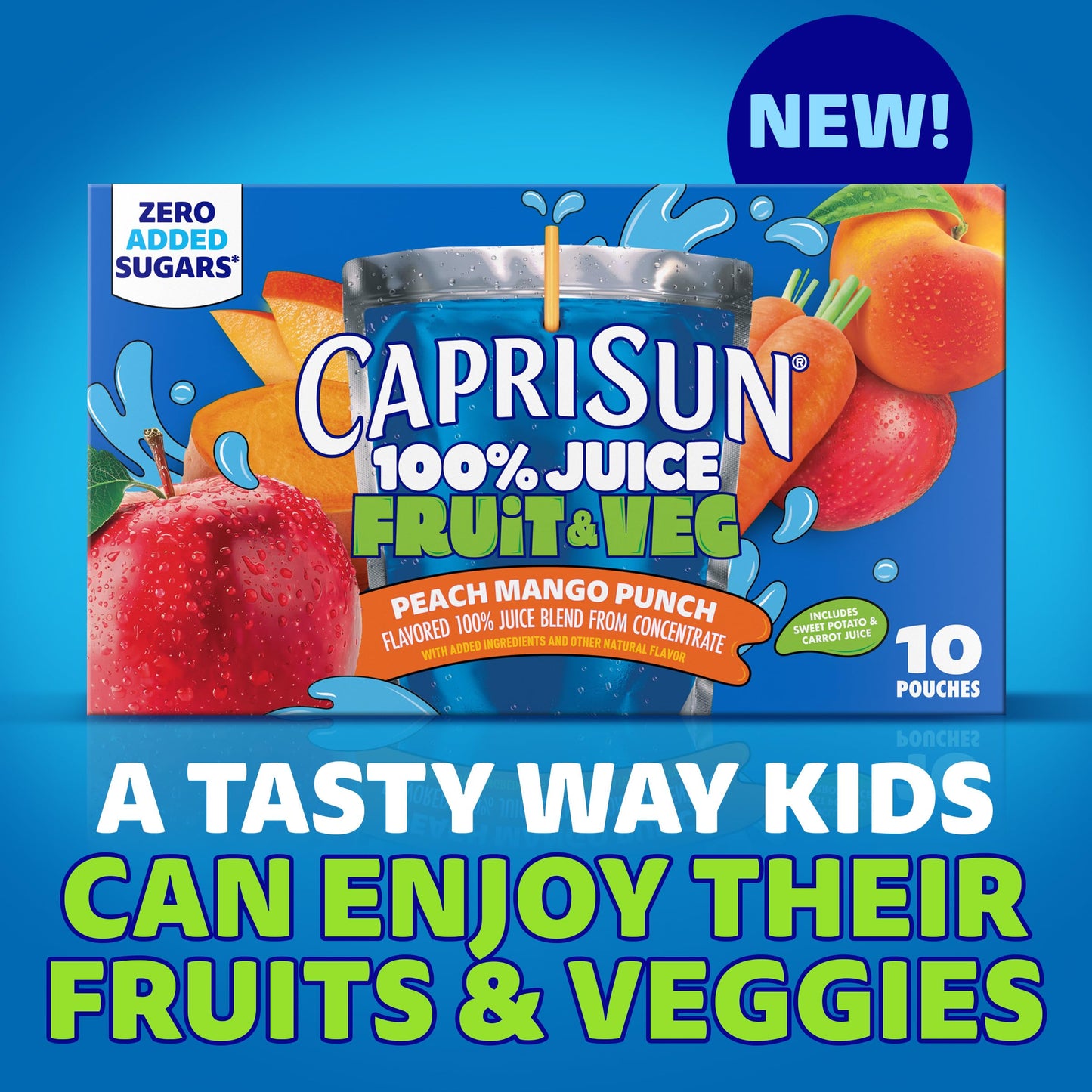 Capri Sun 100% Juice Fruit & Veg Juice Blend from Concentrate, 10 Pouches, for School Lunches and On-the-Go Hydration, Peach Mango Punch, All Natural Ingredients, Zero Added Sugars, 6 oz
