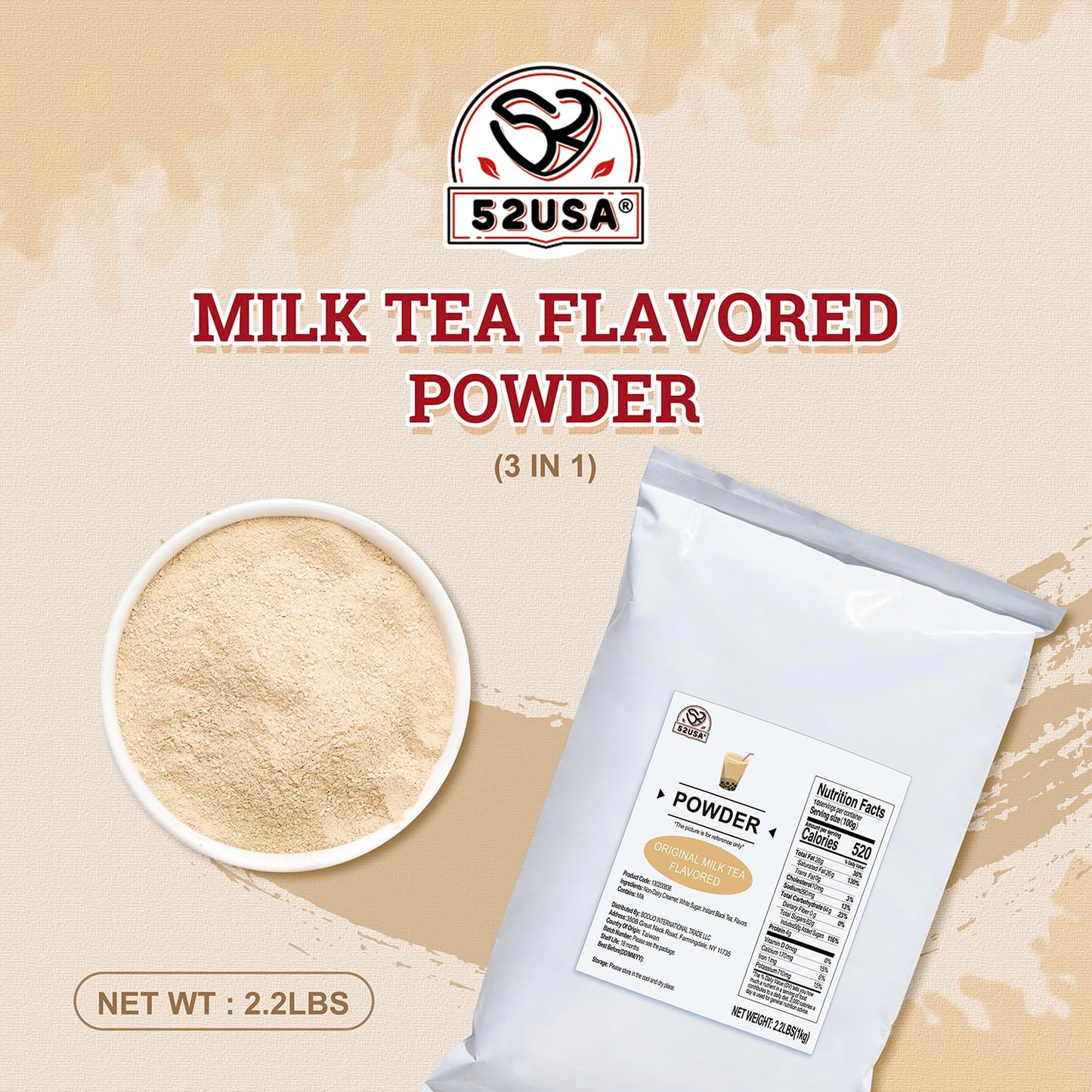 52USA Milk Tea Flavored Powder (3-in-1) 1kg – Instant Pre-Mixed Beverage Powder with Cream, Sugar & Milk Tea Flavor for Hot or Cold Drinks & Frappes
