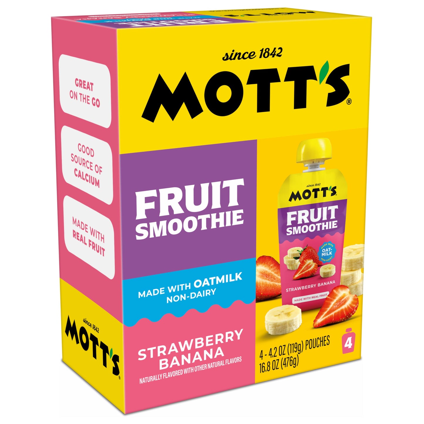 Mott’s Fruit Smoothies Strawberry Banana, 4.2 oz clear pouches, 4 Pack, Non-dairy, Made With Oatmilk, Made With Real Fruit, Good Source of Calcium, On-the-Go