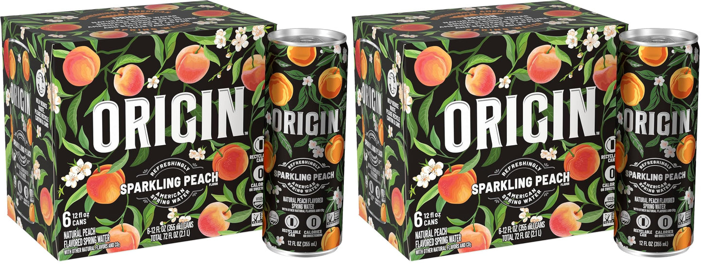 ORIGIN Organic & Non-GMO Peach Flavor Sparkling Water, 12 Fl Oz, Recyclable Aluminum Cans (6 Count) (Pack of 2)