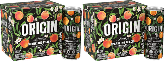 ORIGIN Organic & Non-GMO Peach Flavor Sparkling Water, 12 Fl Oz, Recyclable Aluminum Cans (6 Count) (Pack of 2)