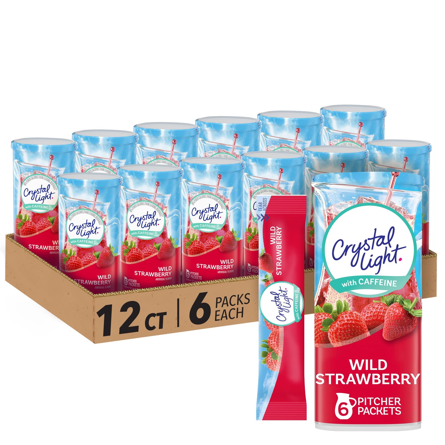 Crystal Light Wild Strawberry Artificially Flavored Powdered Drink Mix with Caffeine, 72 ct Pack, 12 Canisters of 6 Pitcher Packets