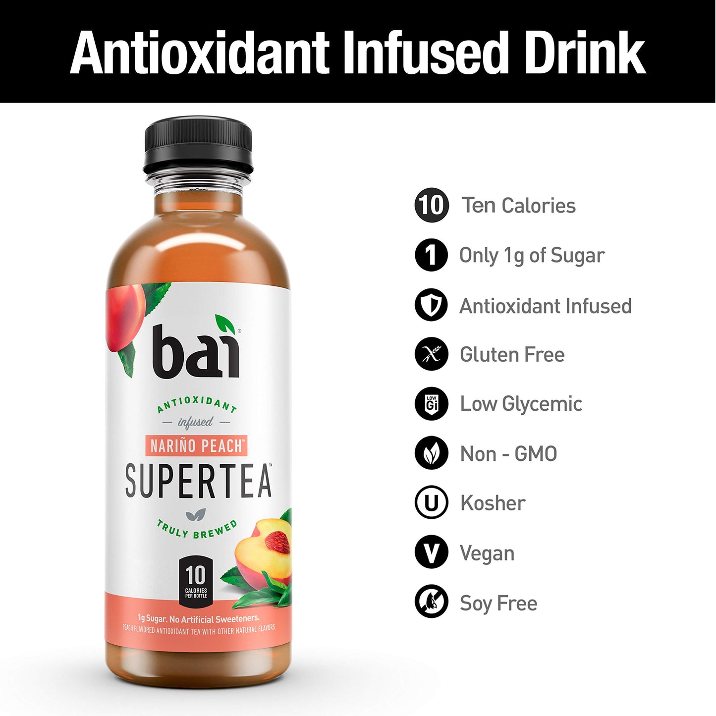 Bai Iced Tea, Narino Peach, Antioxidant Infused Supertea, Crafted with Real Tea (Black Tea, White Tea), 18 Fluid Ounce Bottles, 12 count