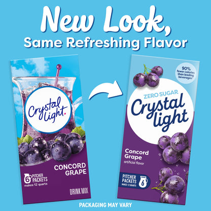 Crystal Light Drink Mix, 6 Pitcher Packets, for Flavorful Hydration and Shareable Refreshment, Concord Grape Artificially flavored, Zero Sugar, Low Calorie, 2.01 oz