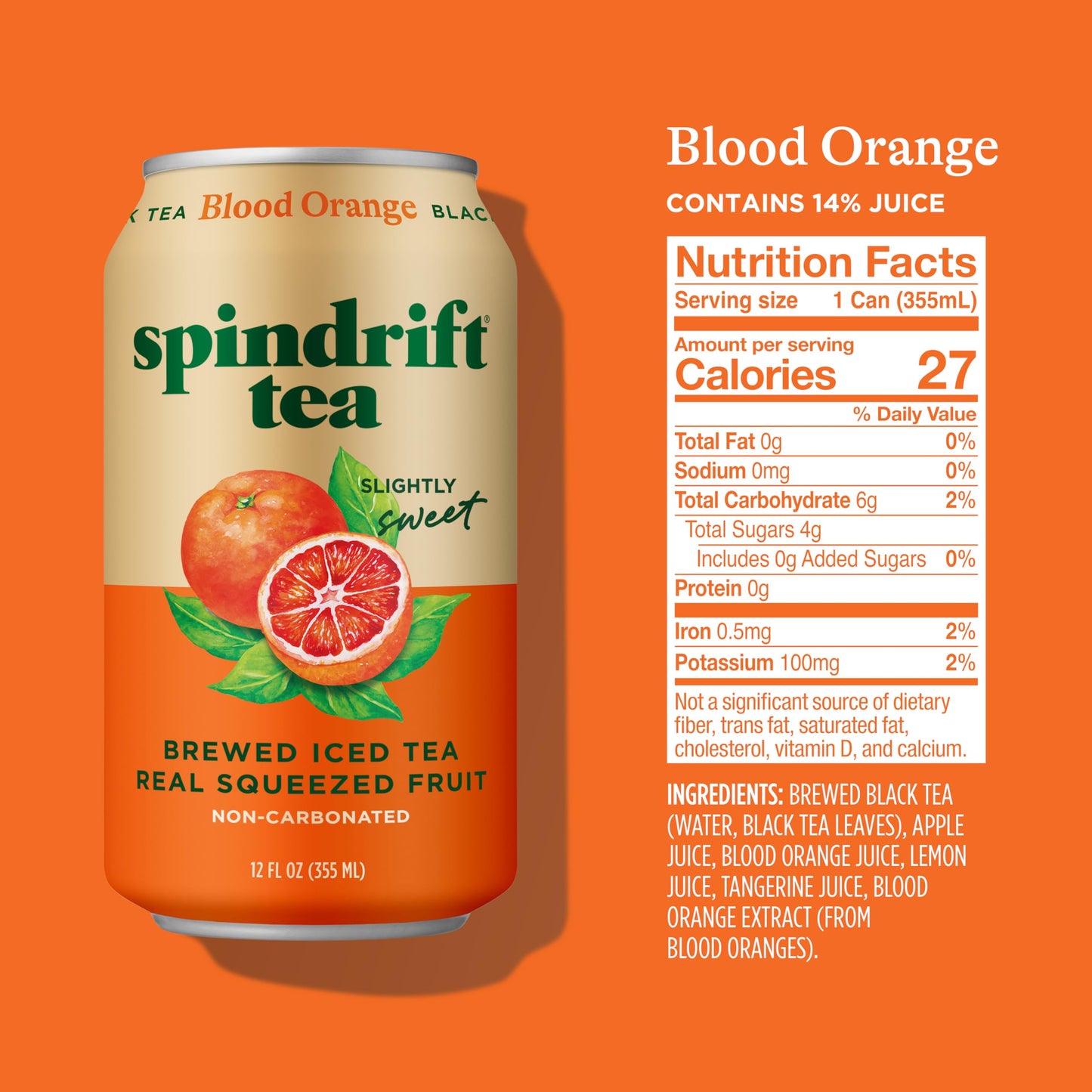 Spindrift Brewed Iced Tea, Blood Orange Black Tea, Made with Real Squeezed Fruit, No Carbonation, 12 Fl Oz Cans, Pack of 12 (Only 27 Calories per Can)