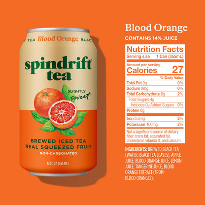 Spindrift Brewed Iced Tea, Blood Orange Black Tea, Made with Real Squeezed Fruit, No Carbonation, 12 Fl Oz Cans, Pack of 12 (Only 27 Calories per Can)