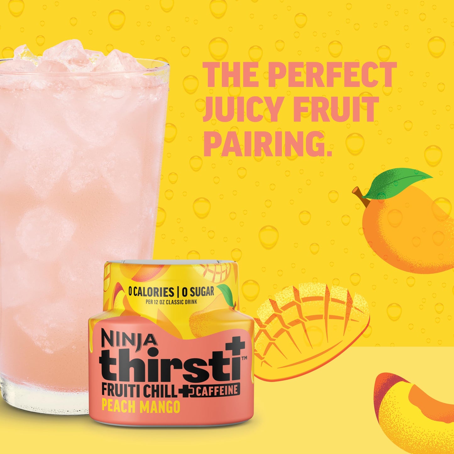 Ninja Thirsti Flavored Water Drops, FRUITI CHILL+ Peach Mango, Bold Fruit Flavor with Caffeine,Sparkling or Still, Zero Calories, Zero Sugar, Makes 17, 12oz drinks, 3 Pack, WCFPCMGAM