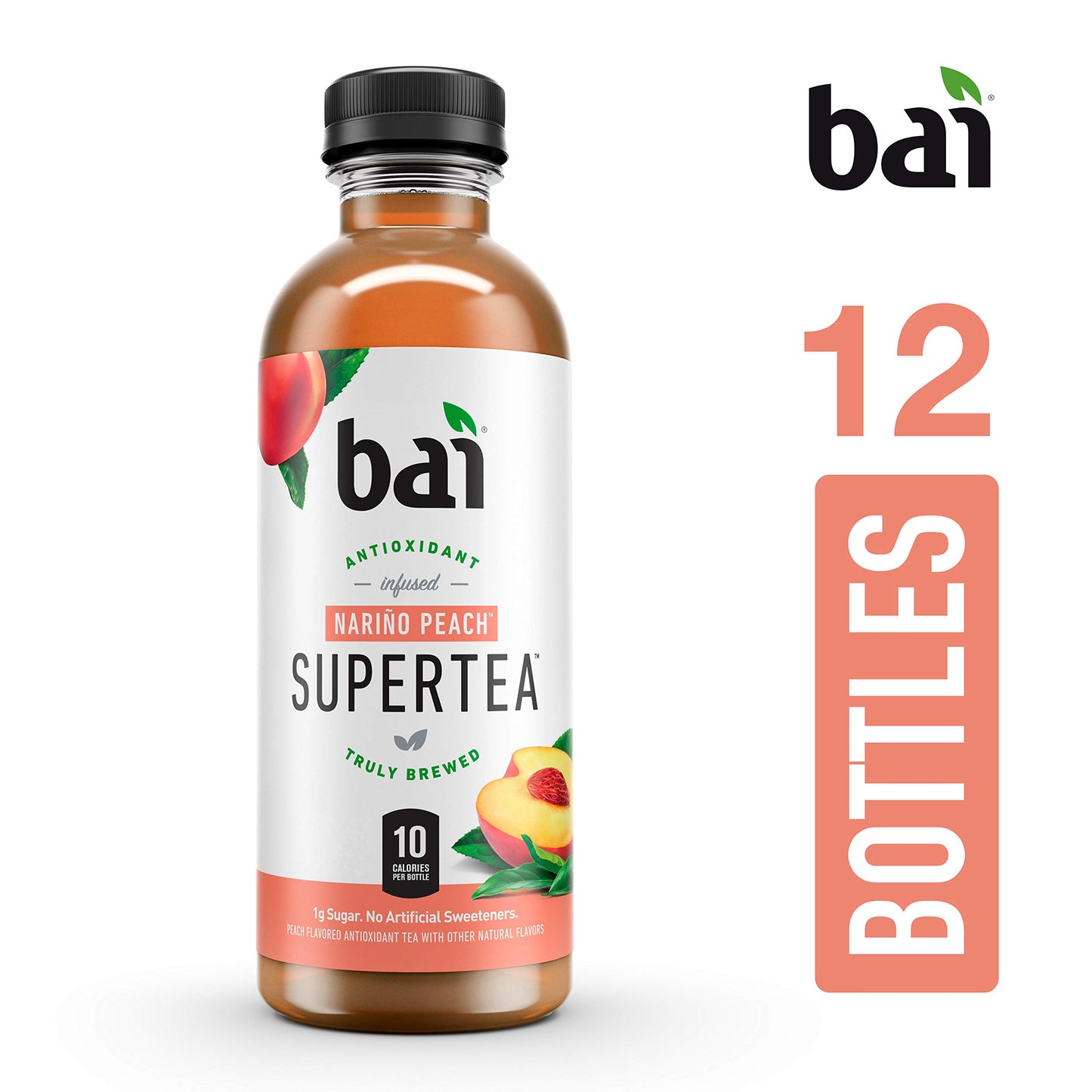 Bai Iced Tea, Narino Peach, Antioxidant Infused Supertea, Crafted with Real Tea (Black Tea, White Tea), 18 Fluid Ounce Bottles, 12 count