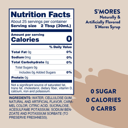 Jordan's Skinny Mixes Sugar Free Coffee Syrup, S'mores Coffee Flavoring Syrup, Zero Calorie Drink Mix for Lattes, Baking or Protein Shake, Dairy & Gluten Free, Kosher, 25.4 Fl Oz