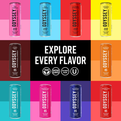 Odyssey Functional Energy Drink for Focus, Cognition & Mood Support 12 Pack - Adaptopgenic Drink with 222mg Green Tea Caffeine, Lion’s Mane, Cordyceps, L-Theanine & Ginseng - Sparkling Blue Raspberry