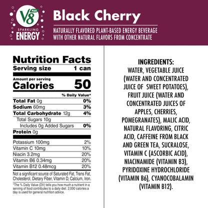 V8 +Energy Sparkling Black Cherry Juice Energy Drink, 11.5 fl oz Can (12 Pack)