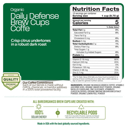 Daily Defense Organic Coffee Pods – Coffee with Maitake, Ginger Root, Lemon Peel & Superfoods – Healthy Mold Free Probiotic beverage, Vegan, Gluten Free - 10 Recyclable Single Serve K-Cups