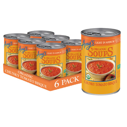 Amy’s Soup, Chunky Tomato Bisque Canned Soup, Light in Sodium, Gluten Free, Made With Organic Tomatoes and Cream, 14.5 Oz (6 Pack)