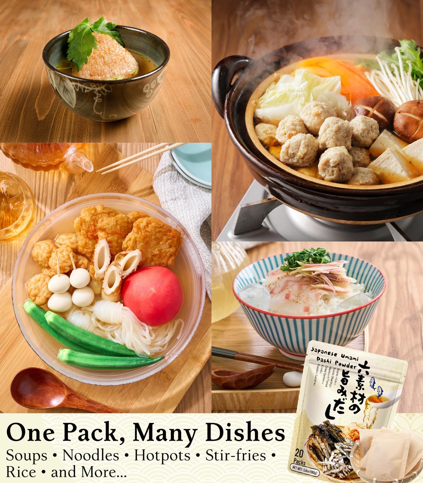 Japanese Dashi Powder - Bonito & Kombu, Instant Soup Stock Granules, Dashi Broth for Miso Soup, Ramen, Pho, Udon & Hot Pot, No MSG Added, Ingredients from Japan, 8g x 20 Packs (5.6OZ)