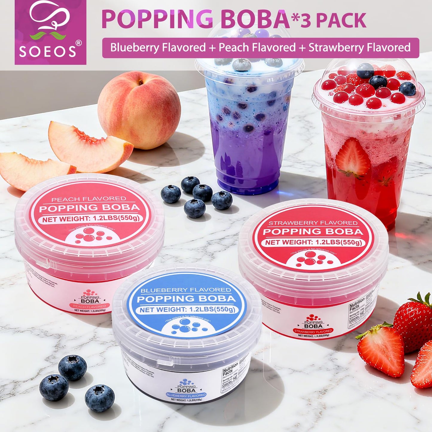 Soeos Popping Boba, 1.2 lbs, 550g (Strawberry, Blueberry & Peach) Pack of 3 – Bursting Fruit Flavor Pearls for Drinks, Desserts & Toppings