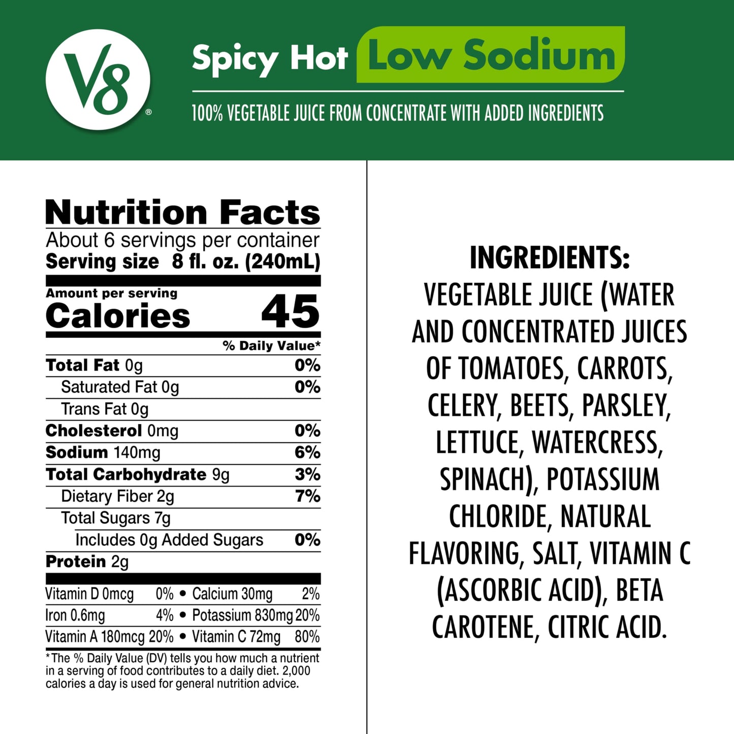 V8 Low Sodium Spicy Hot 100% Vegetable Juice, 46 fl oz Bottle (Pack of 6)